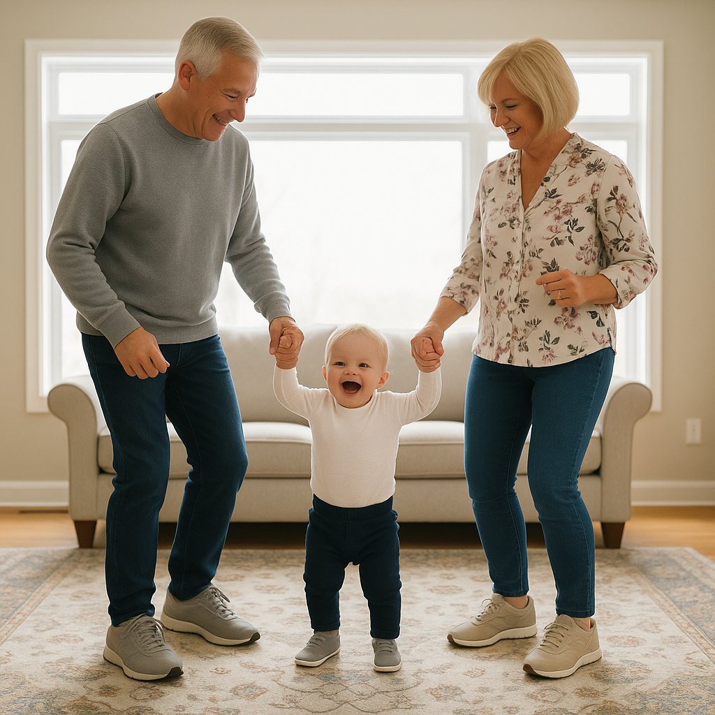 Grandparents in comfortable sneakers helping a laughing toddler take first steps