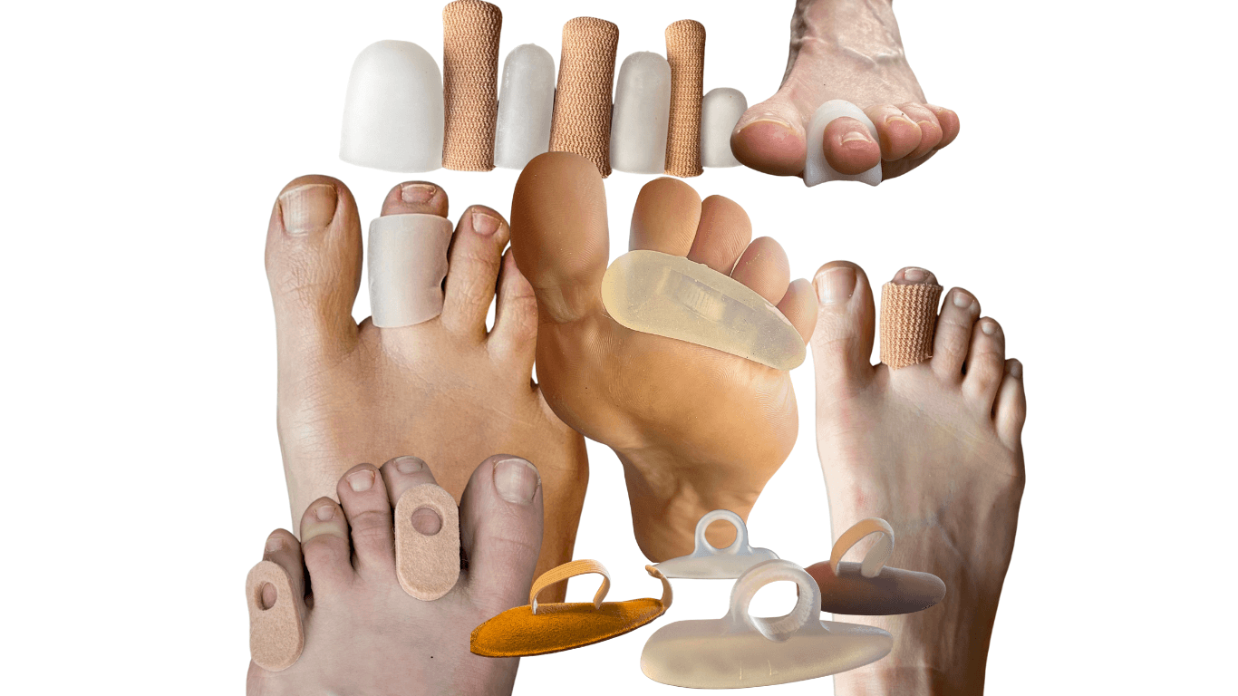 various hammer toe pads shown on and off feet