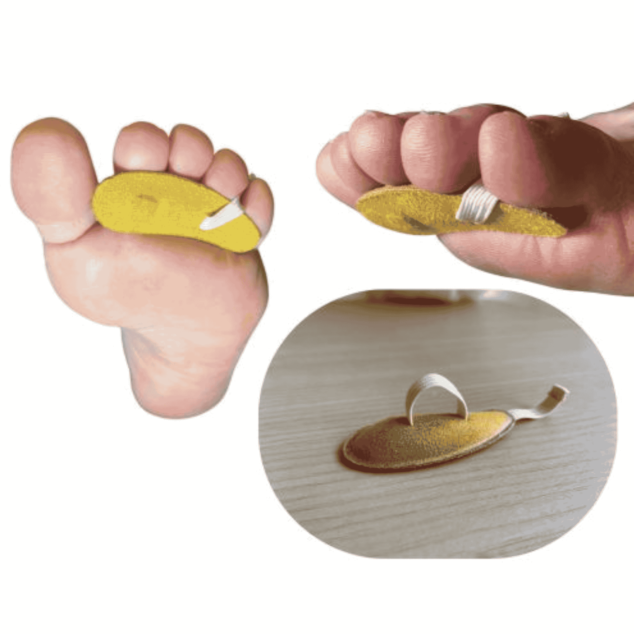 suede fabric crest pad seen on foot from bottom and from side and on table without a foot
