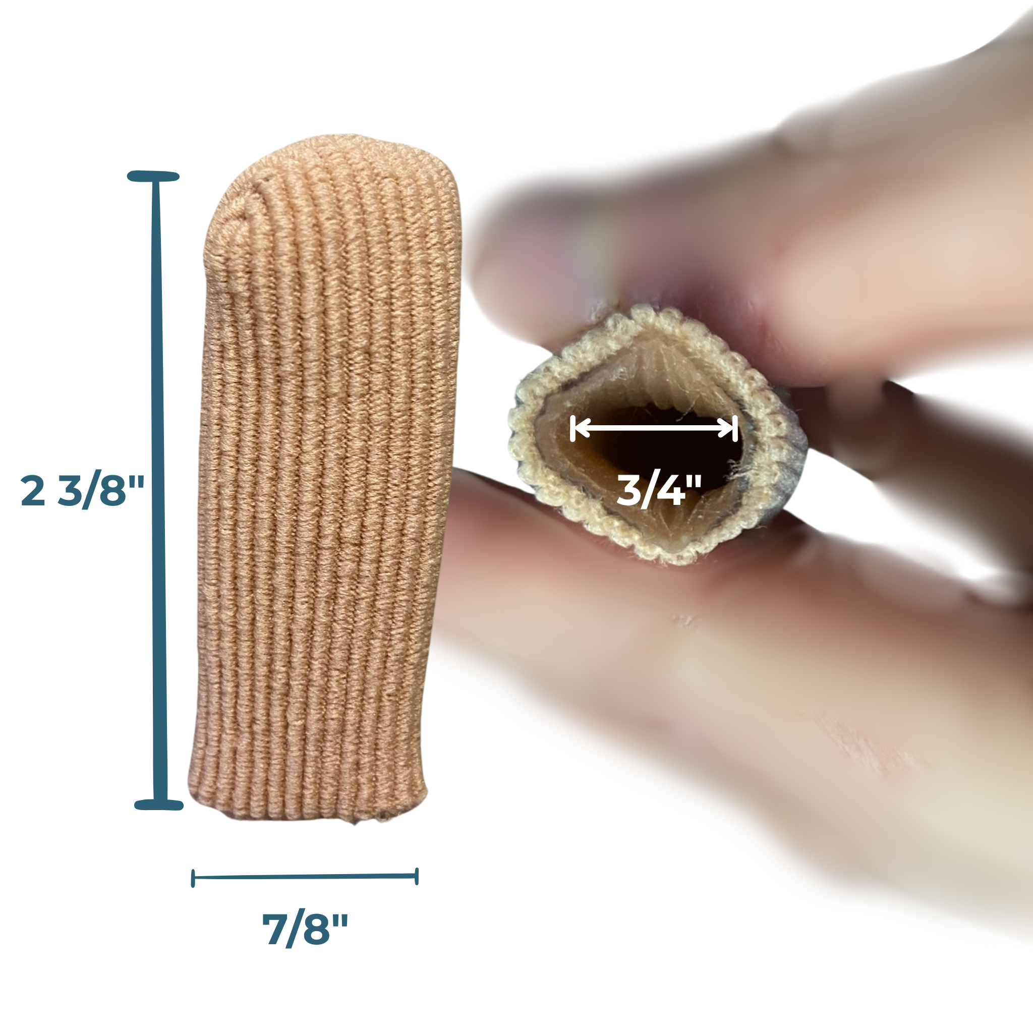 A beige ribbed fabric gel-line toe cap  shown on a white background with overlaid dimension lines indicating 2 3/8 inches tall by 7/8 inches wide. A hand holds a cross-section view of the sleeve to show its interior diameter of 3/4 inches.