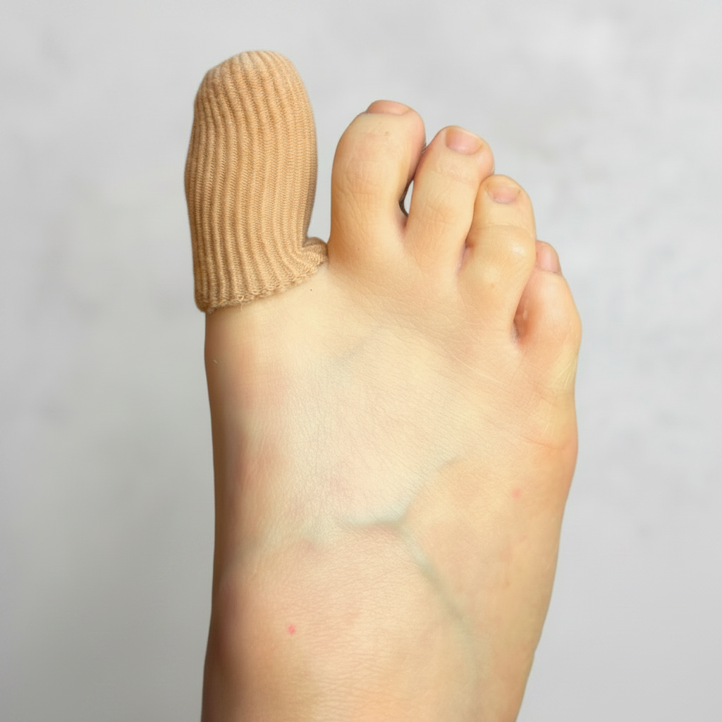 A close-up of a foot wearing a beige ribbed compression fabric cel lined toe cap on the big toe, isolated on a white background.