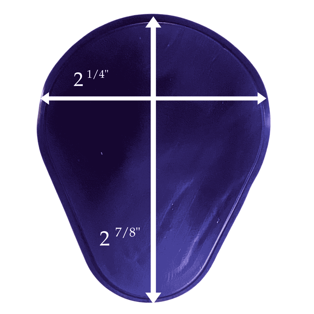 A dark purple teardrop-shaped reusable gel metatarsal pad on a white background with white measurement arrows and text indicating dimensions of 2 1/4 inches across the top and 2 7/8 inches vertically.