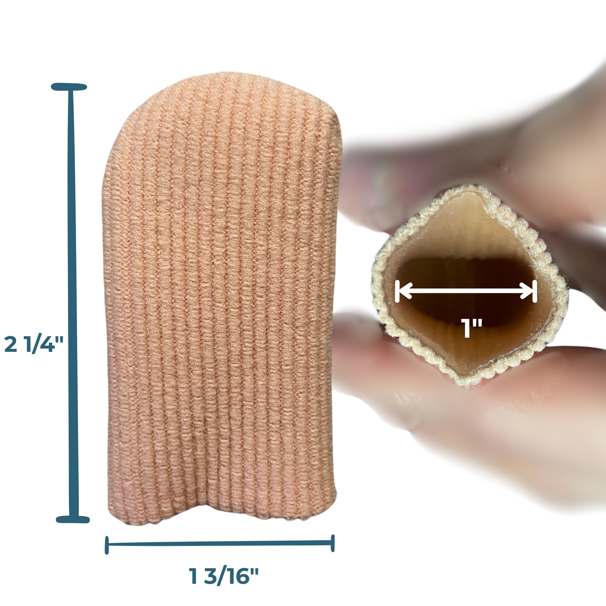 A close-up of a foot wearing a beige ribbed compression fabric cel lined toe cap on the big toe, isolated on a white background.