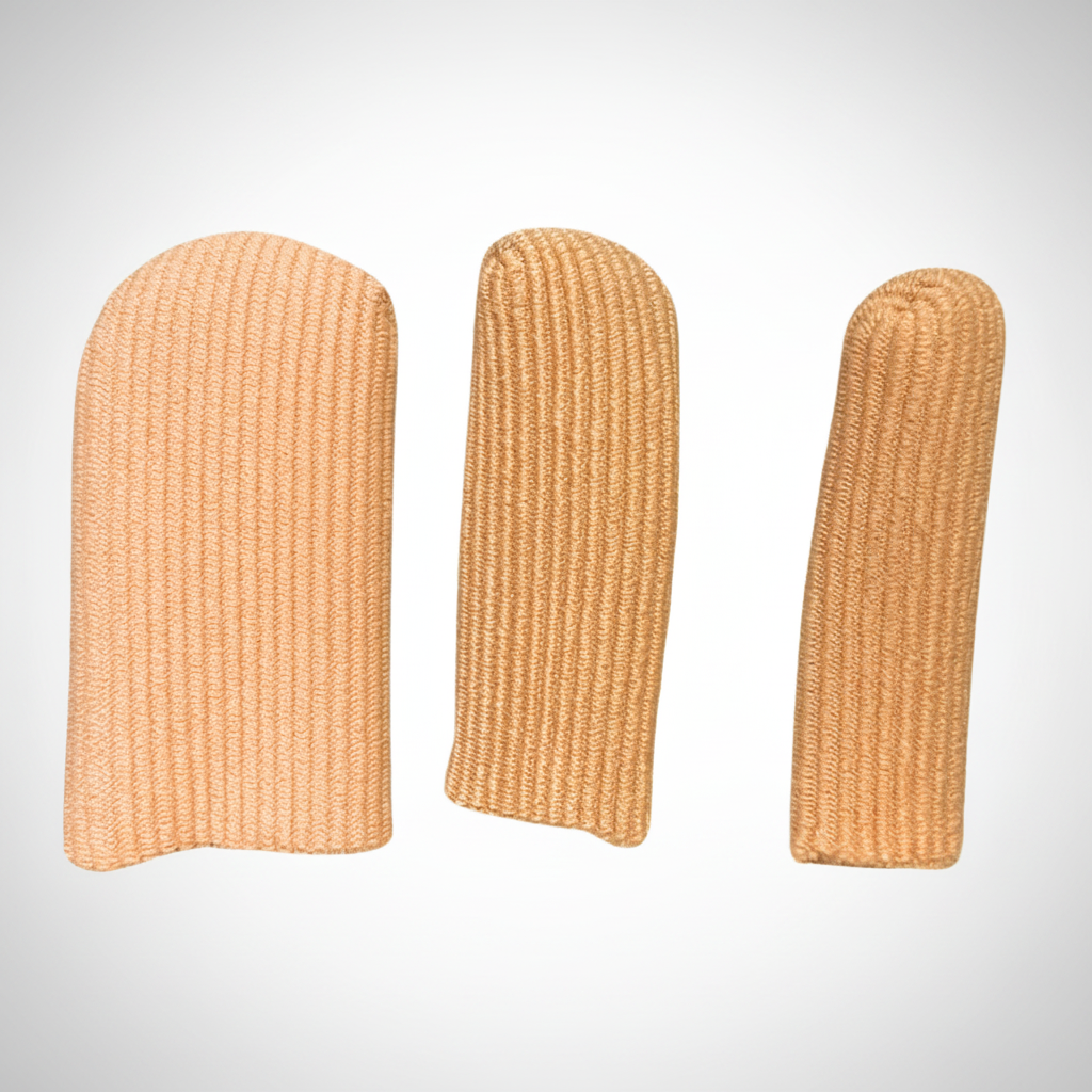 Three ribbed fabric gel lined toe caps in  tan shades, displayed vertically against a plain white background.