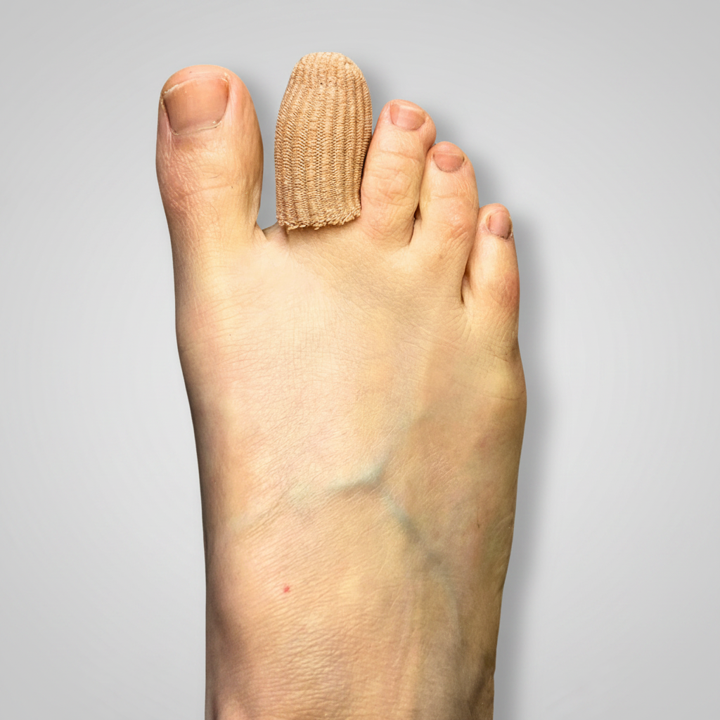 A close-up of a foot wearing a beige ribbed fabric gel lined toe cap on 2nd toe 