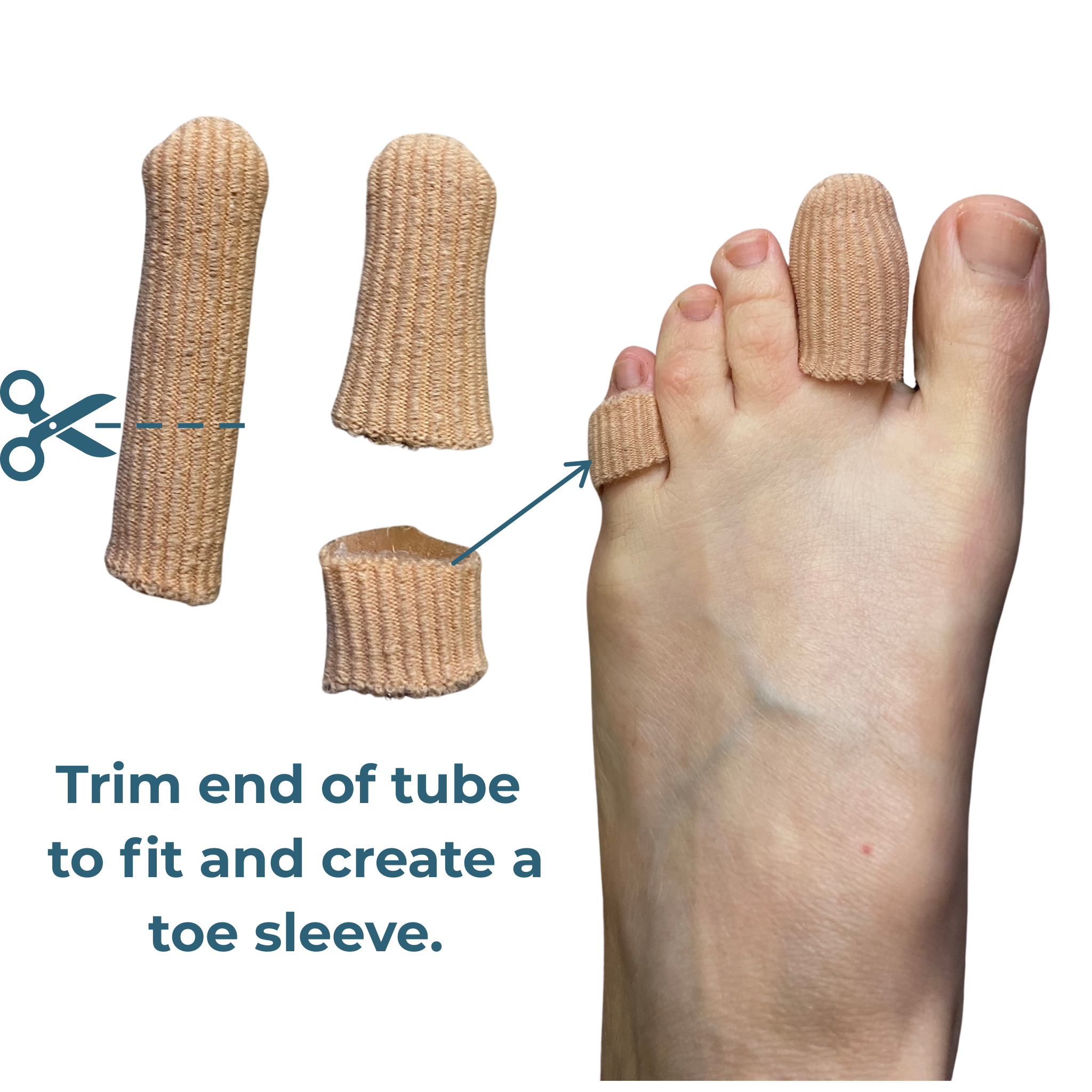 Beige ribbed gel-lined toe cap shown on a foot, with inset views of the tube-shaped toe covers and text reading 'Trim end of tube to fit and create a toe sleeve.'.
