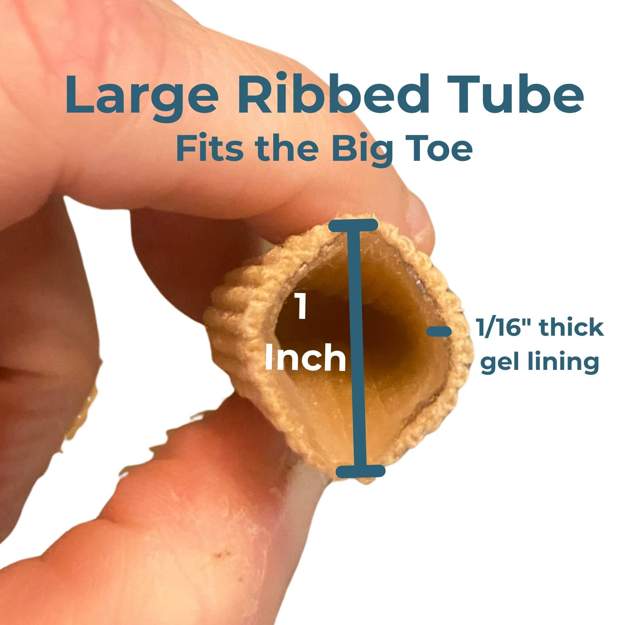 Large ribbed tube fitting over a big toe with measurements indicated