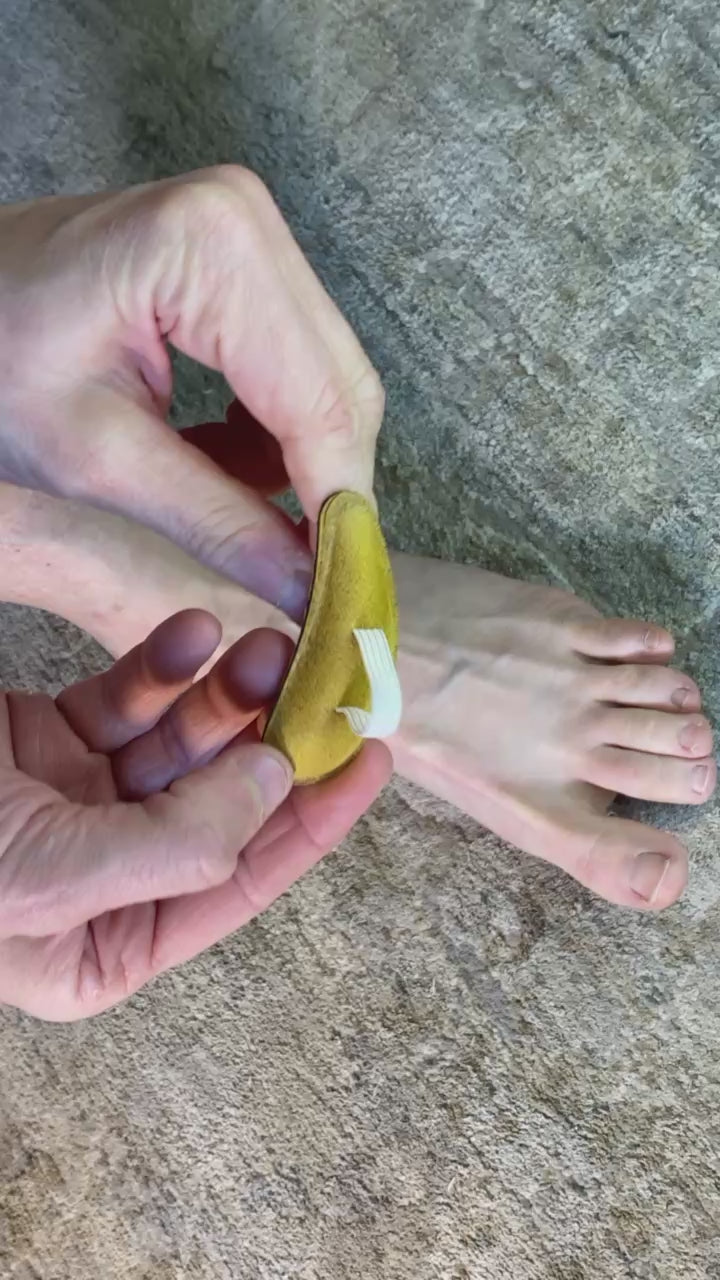 video of suede fabric crest pad being applied to 2nd toe