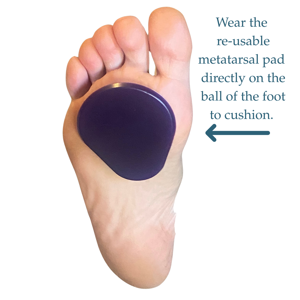 A human foot wearing a dark purple oval metatarsal pad on the ball of the foot, with instructional text and an arrow reading, 'Wear the re-usable metatarsal pad directly on the ball of the foot to cushion.'.