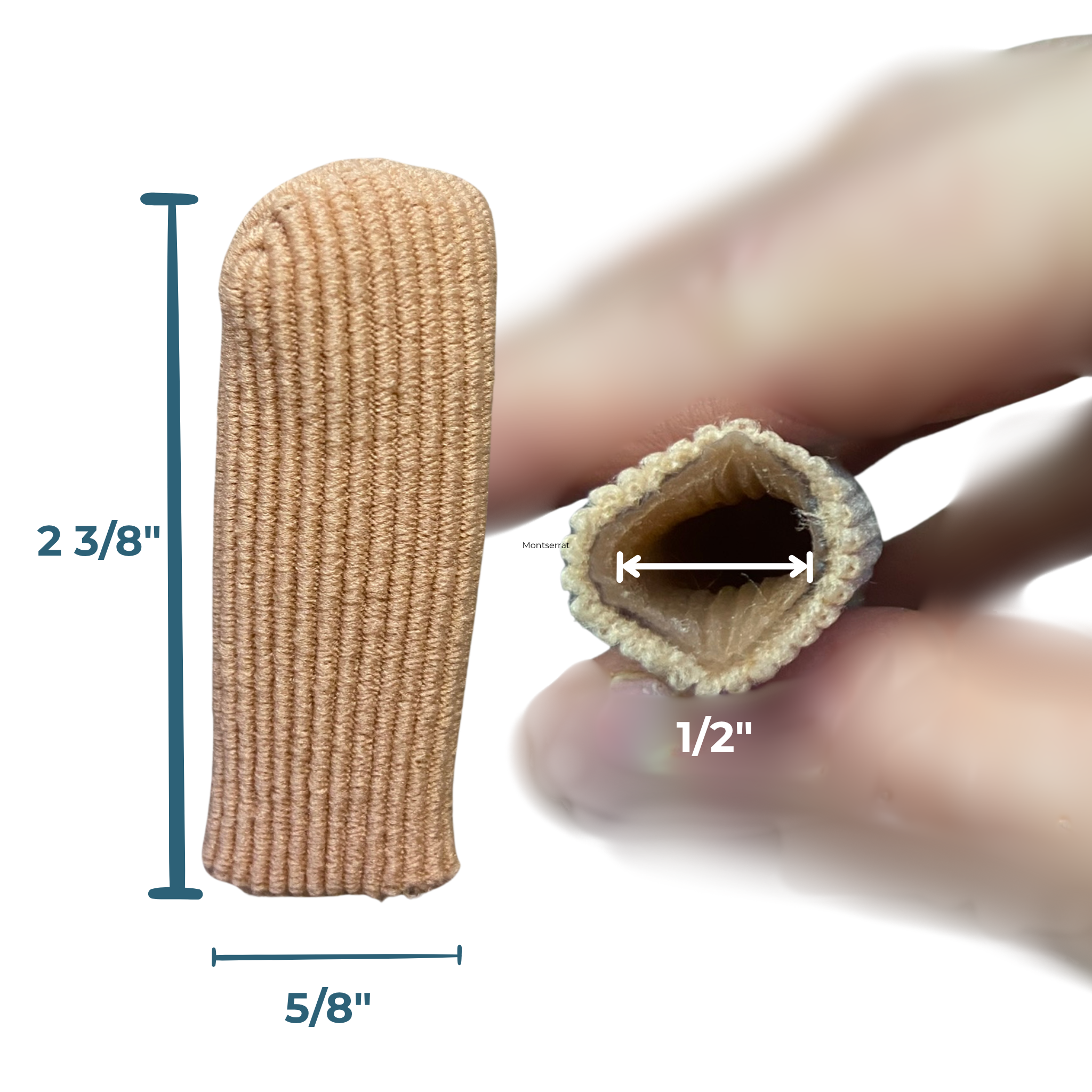A beige ribbed gel-lined toe cap  shown on a white background, with overlaid dimensions indicating 2 3/8 inches tall by 5/8 inches wide. A hand holds the open end of the item to show its interior width, labeled 1/2 inches.