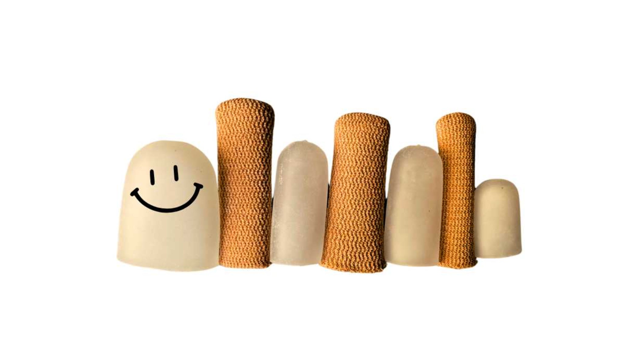 Set of alternating white gel toe cap and fabric mesh gel lined toe cap with a smiley face on a white background