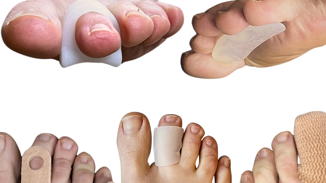 Various types of toe pads on feet with a white background
